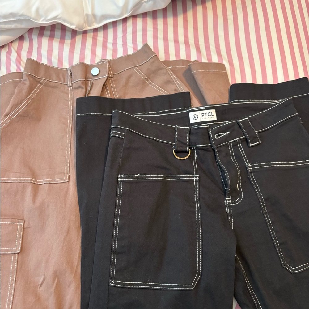 Black and Brown Cargo Pants Duo with Contrast Stitching